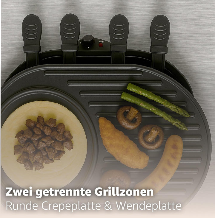 Raclette Set für 8 Personen - Grill oval - Mit Crepes Funktion - Tischgrill inkl. Pfännchen & Schabe