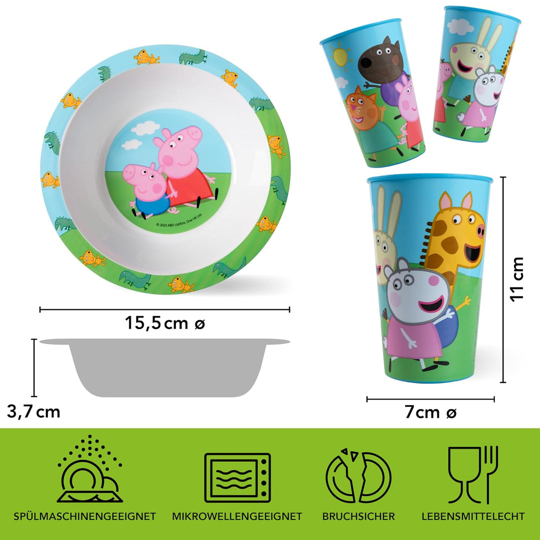 Peppa Wutz Kindergeschirr Set 3-teilig - Frühstücksset mit Teller, Schale und Becher - Kindergeschir
