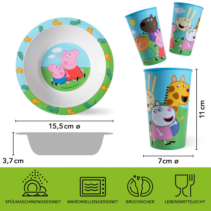 Peppa Wutz Kindergeschirr Set 3-teilig - Frühstücksset mit Teller, Schale und Becher - Kindergeschir