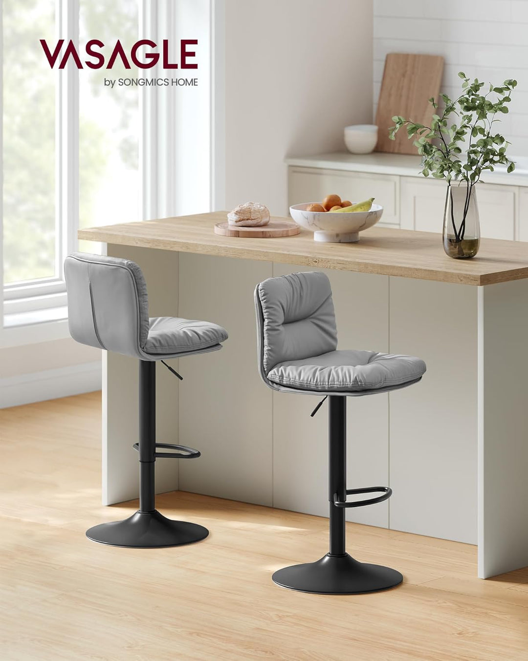 VASAGLE Barhocker 2er Set, Tresenhocker, höhenverstellbare Barstühle mit PU-Bezug, 360°drehbar, Küch