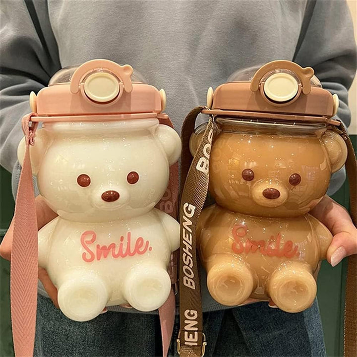 HUSHUI Kawaii Bär Strohflasche, tragbare Wasserflasche in Bärenform mit Strohhalm und Trageschlaufe,