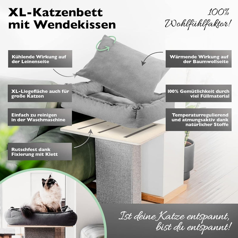 Nemmy Premium Kratzbaum klein grau | Stabiler Kratzstamm extra breit | Katzenbett mit Kissen | Katze