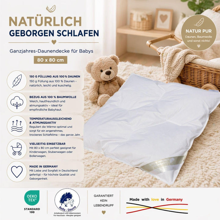 Betten Hofmann Baby Daunenbett 80x80 cm Steppbett Babydaunendecke, leicht und warm, kuschelig, 150g