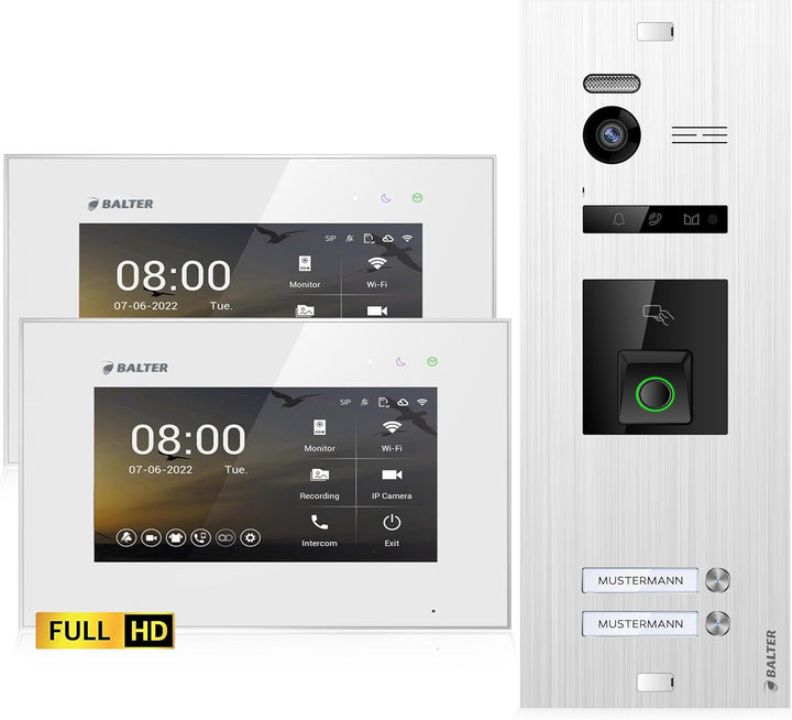 Balter EVO-HD Video Türsprechanlage mit Fingerprint, Video Türklingel, 2 Familienhaus, 2X 7 Zoll Mon