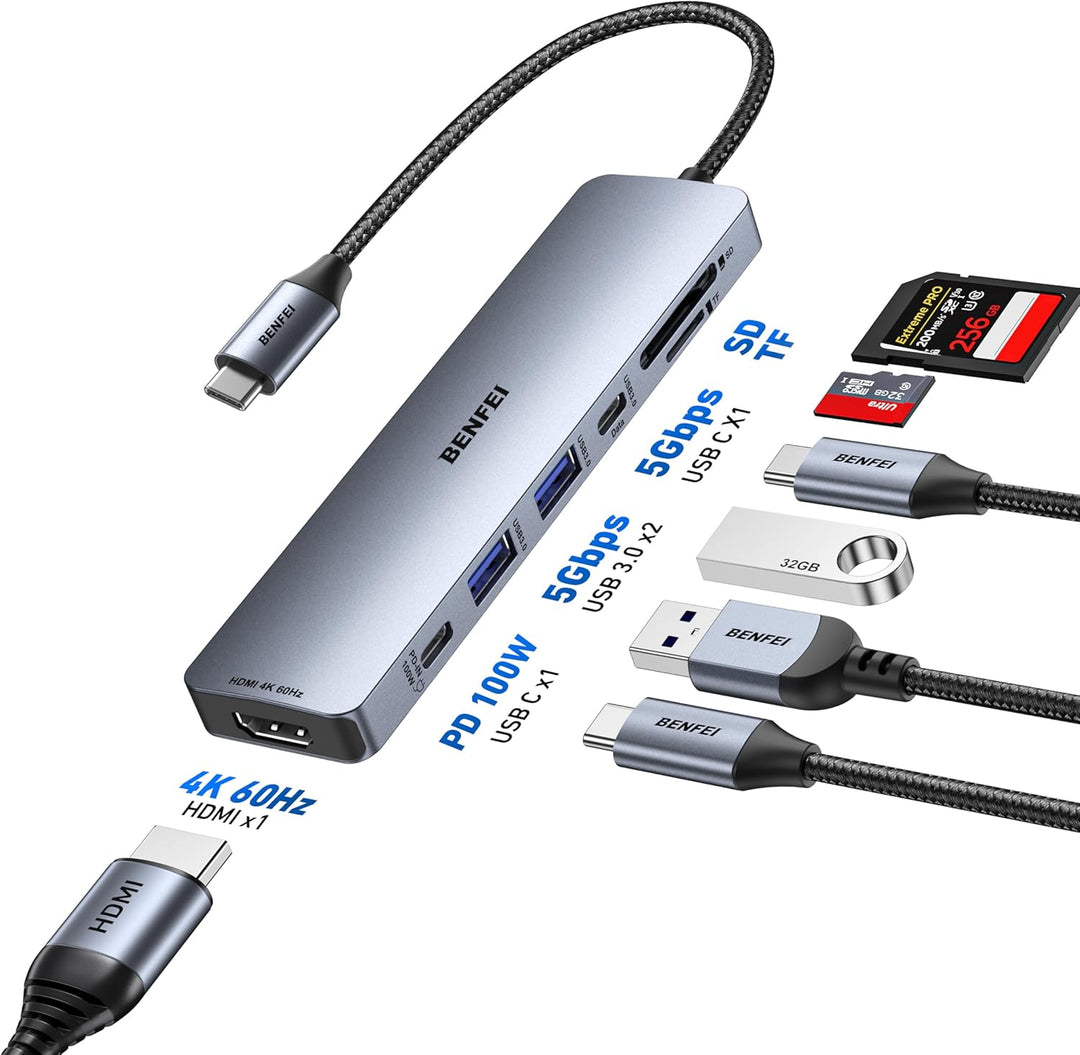BENFEI 7-in-1 USB C Hub mit HDMI 4K@60Hz, 2 USB-A, 1 USB-C Daten, 100W Aufladung, SD/TF Kartenleser