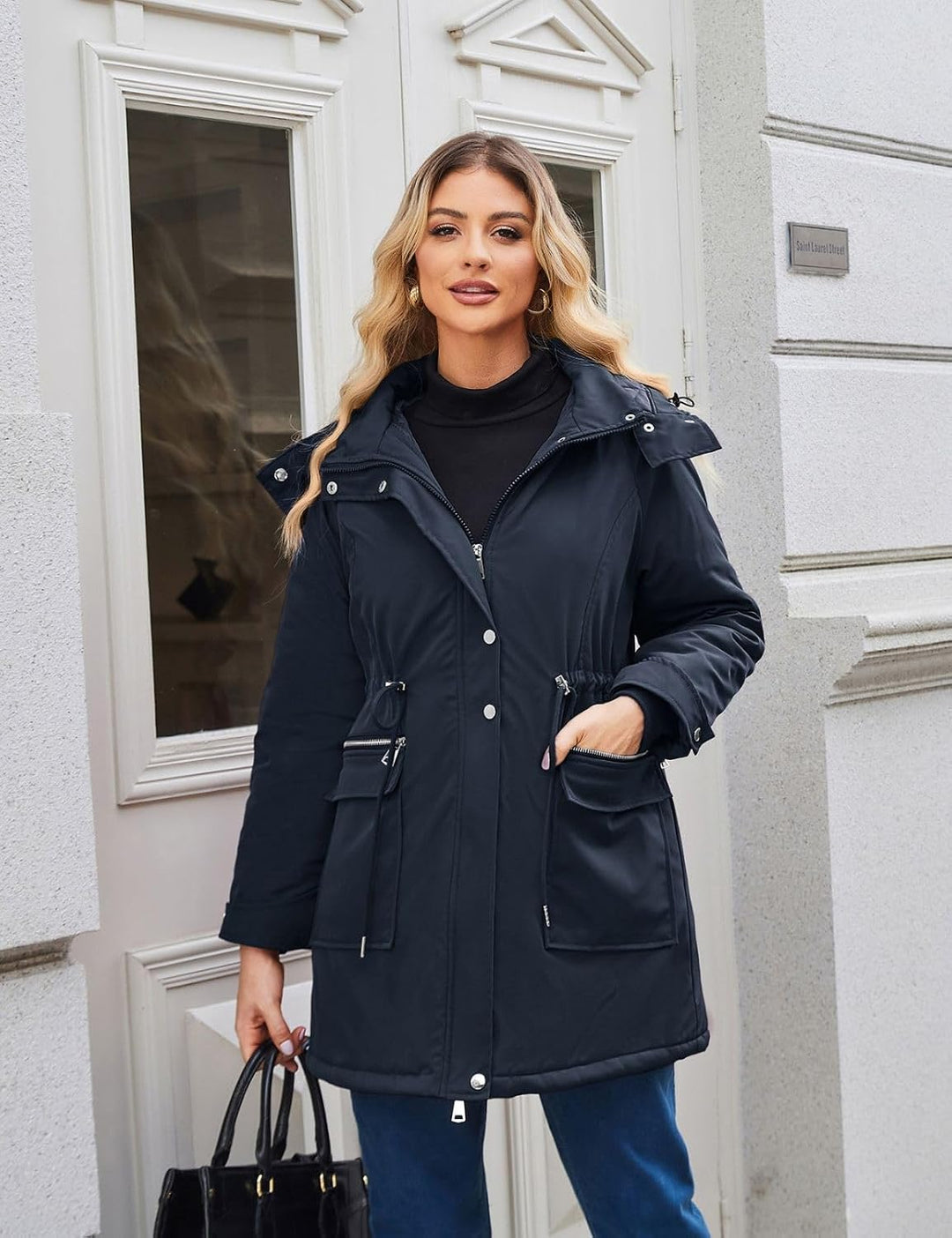 Maacie Umstands Baumwolljacke 3 in 1 Winter Langer Puffer Daunenjacke Parka mit Kapuze mit Taschen W