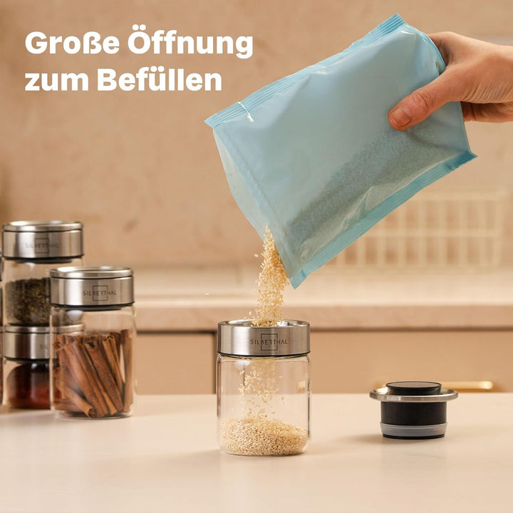 SILBERTHAL Gewürzglas 4er Set 2x 100ml, 2x 200ml Rund - mit Klickdeckel stapelbar - Vorratsglas mott