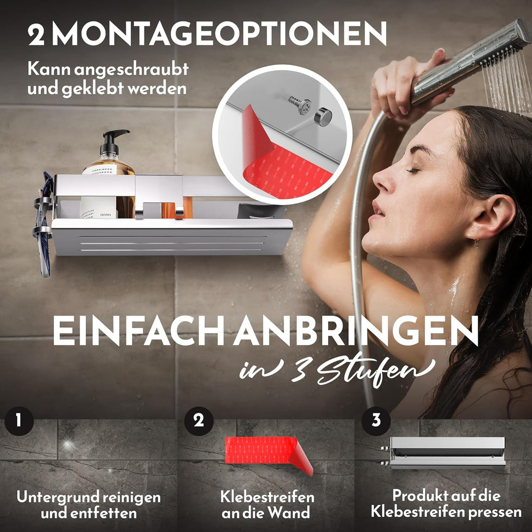 HENAL Duschablage Set 5 in 1, Edelstahl-Duschablage matt gebürstet ohne Bohren, Duschregal inklusive