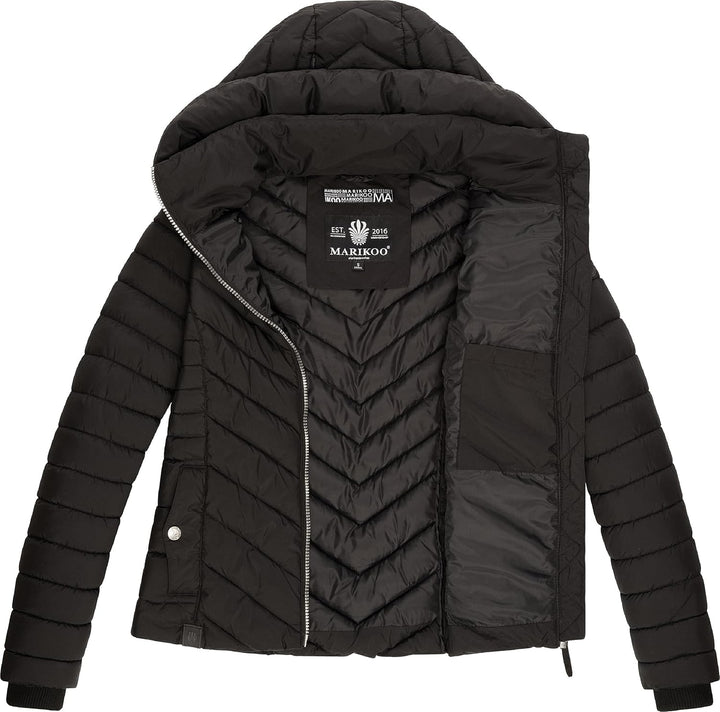 MARIKOO Damen Übergangsjacke leichte Steppjacke kurz mit Abnehmbarer Kapuze Kagomee XS-XXL L Schwarz