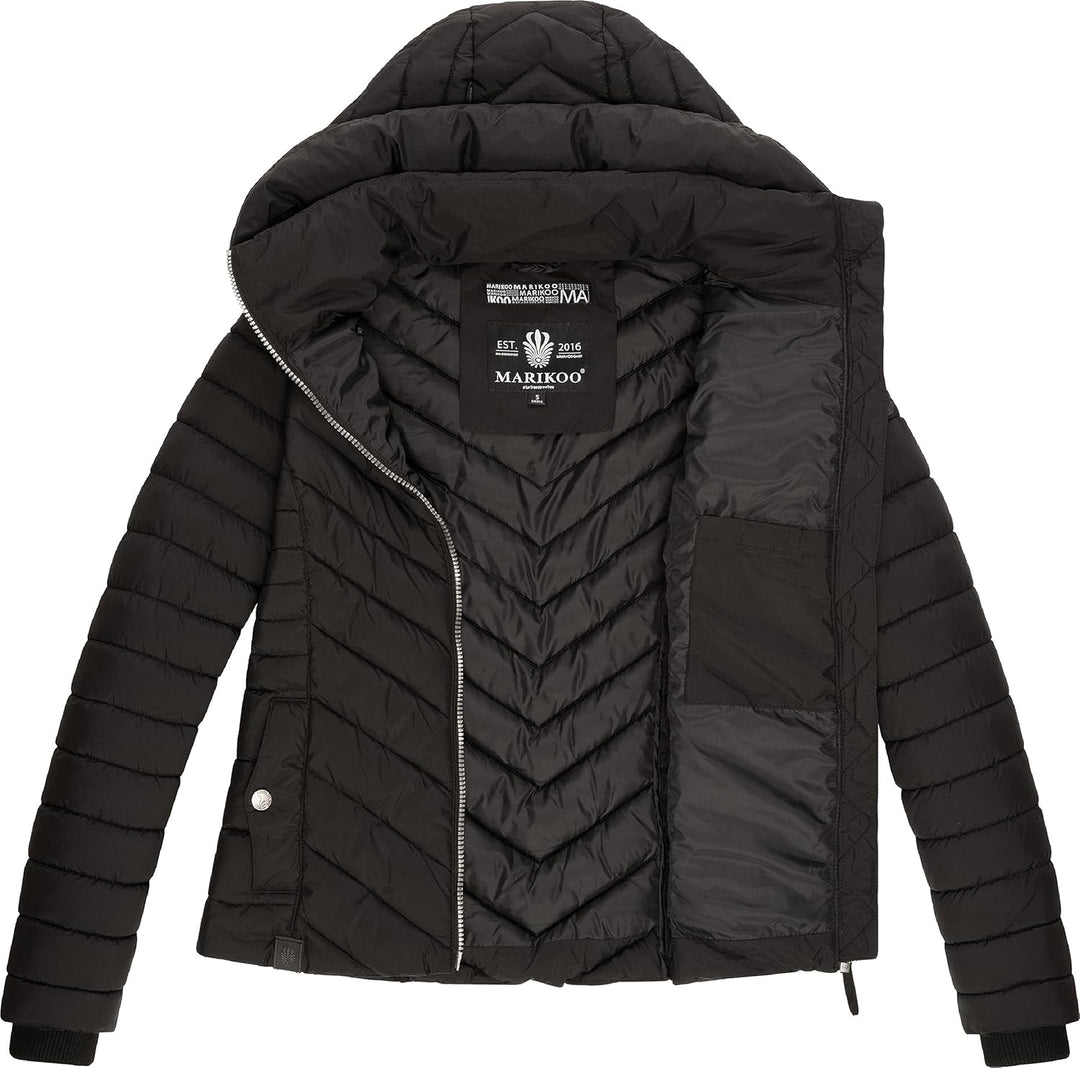 MARIKOO Damen Übergangsjacke leichte Steppjacke kurz mit Abnehmbarer Kapuze Kagomee XS-XXL XL Schwar