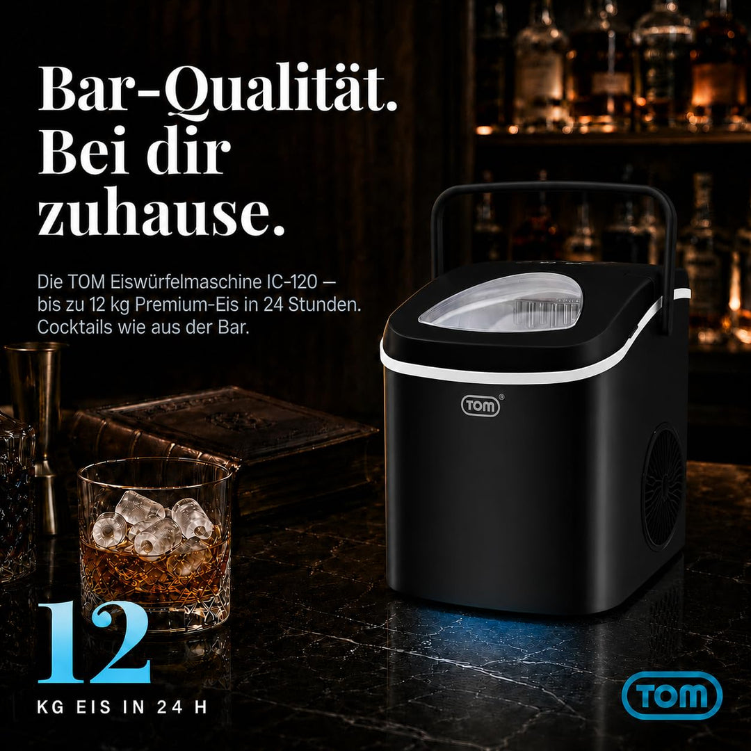 TOM Eiswürfelmaschine – 9 Eiswürfel in 6-8 min – 12 kg/24 h – 2 Würfelgrössen – Ice maker Eiswürfelm