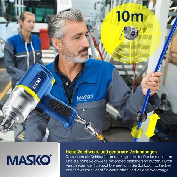 MASKO® 10m Druckluftschlauch Aufroller automatisch 1/4" Anschluss - Schlauchtrommel Wandschlauchhalt