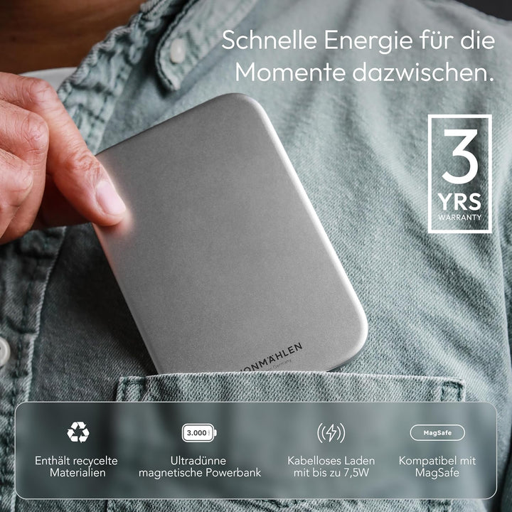 VONMÄHLEN Evergreen Mag - Wireless Powerbank kompatibel mit MagSafe - Tragbares Ladegerät mit 3000mA