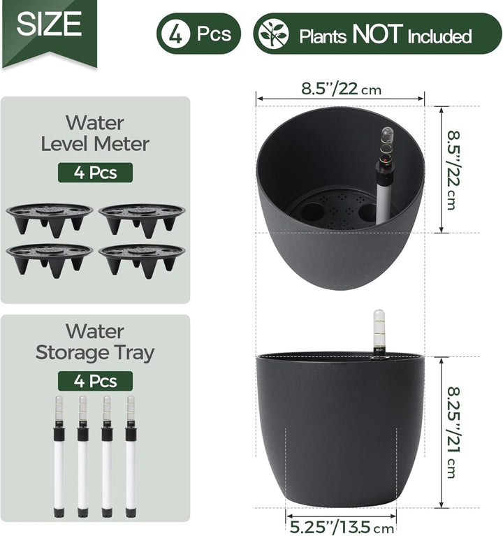 T4U 22cm Selbstwässernder Blumentopf mit Wasseranzeiger Schwarz 4er-Set, Selbstbewässerung Wasserspe