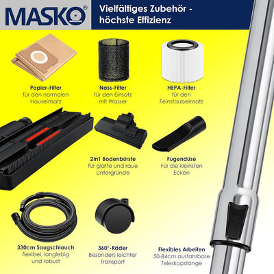 MASKO® Industriestaubsauger 1800Watt Mit Steckdose Blasfunktion | Mehrzwecksauger Trocken-Saugen & N