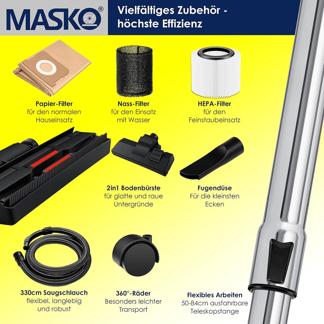 MASKO® Industriestaubsauger 1800Watt Mit Steckdose Blasfunktion | Mehrzwecksauger Trocken-Saugen &amp; N