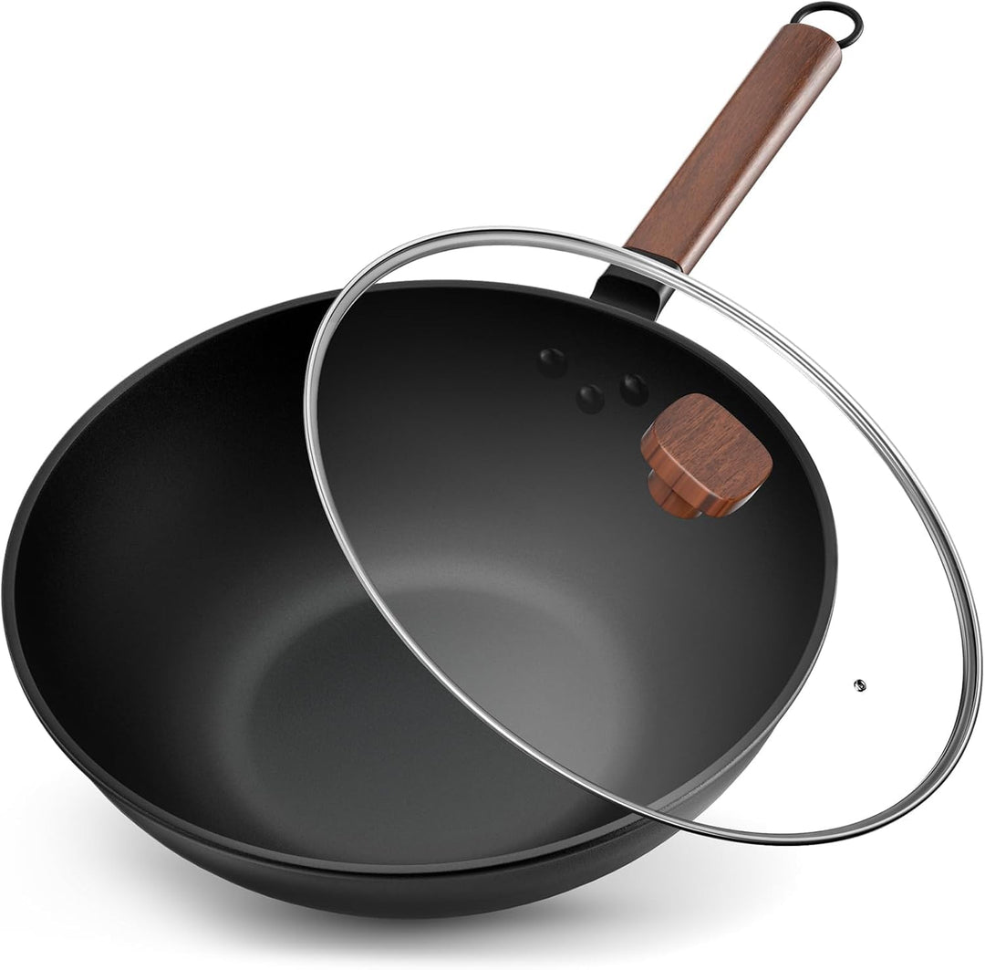 BRAVECOW 32cm Wokpfanne, für 4-6 Personen,Holzgriff,Antihaftbeschichtung,Wokpfanne aus Kohlenstoffst