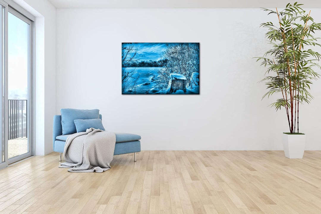 deyoli malerischer Wintertag Format 80x60 Effekt: Monocrome Blau als Leinwandbild, Motiv fertig gera