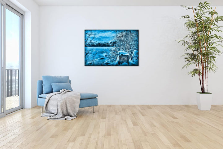 deyoli malerischer Wintertag Format 80x60 Effekt: Monocrome Blau als Leinwandbild, Motiv fertig gera
