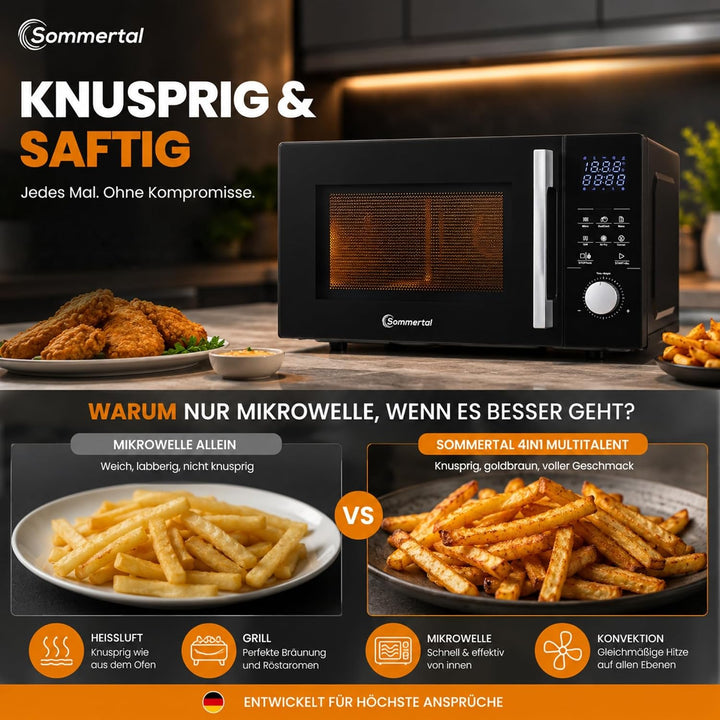 4in1 Mikrowelle Schwarz - Grill, Heissluft-Fritteuse, Konvektion -2200 W, 8 Programme, 60 Min Timer,