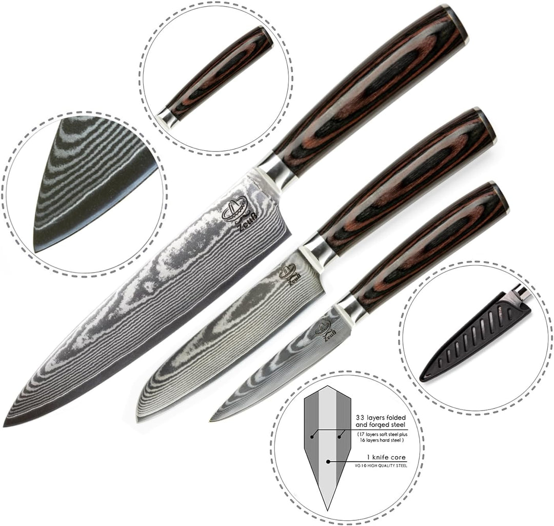 ZEUss Damastmesser-Set 3er (32 cm, 24 cm und 20cm) Profi-Damast-Küchenmesser Set aus 67 Lagen Damast
