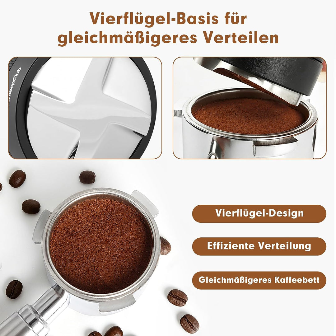 Espresso Distributor 51 mm, Schwerkraft-adaptiver Leveler, Schwarz | 304 Edelstahl Basis, 4-Klingen-