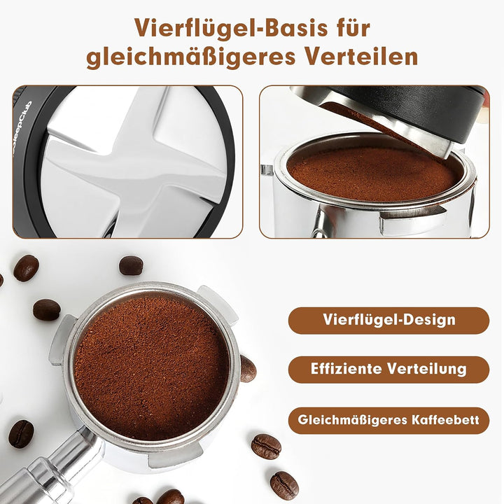 Espresso Distributor 51 mm, Schwerkraft-adaptiver Leveler, Schwarz | 304 Edelstahl Basis, 4-Klingen-