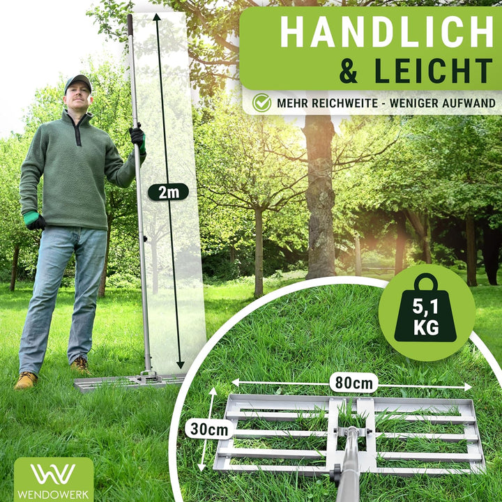 [80x30cm] Rasen Rakel mit extra langem Stiel [2 Meter] Inkl. Gartenhandschuhe - Handlicher Rasen Niv