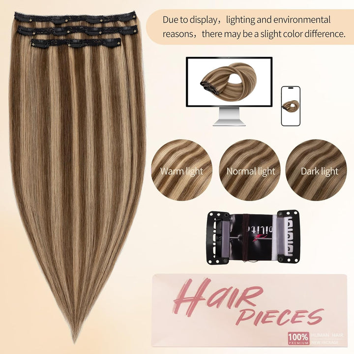 S-noilite Clip in Extensions Echthaar Schokoladenbraun/Dunkelblond 25cm 56g Extensions Clip in Echth