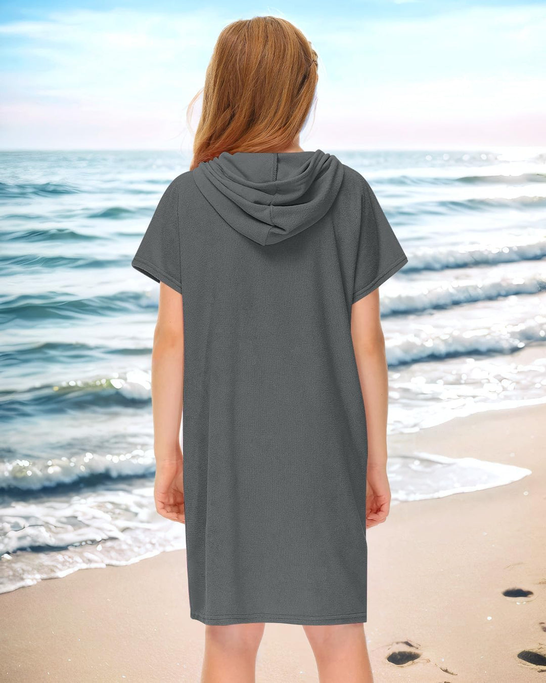BesserBay Mädchen Badeponcho Kapuze Poncho mit Taschen Zip Cover Up Kinder Unisex 120-160 140 Dunkel