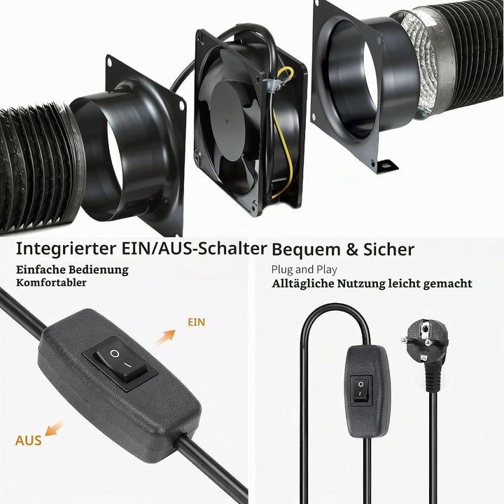 100mm Axial Rohrventilator, Moonjor 119m³/h Abluftventilator Kanalventilator mit Ein-Aus Schalter, 2