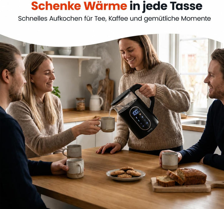 Elektrischer Wasserkocher mit Temperaturanzeige Glas 1,7L 2200W Touchpanel LED Display Warmhaltefunk