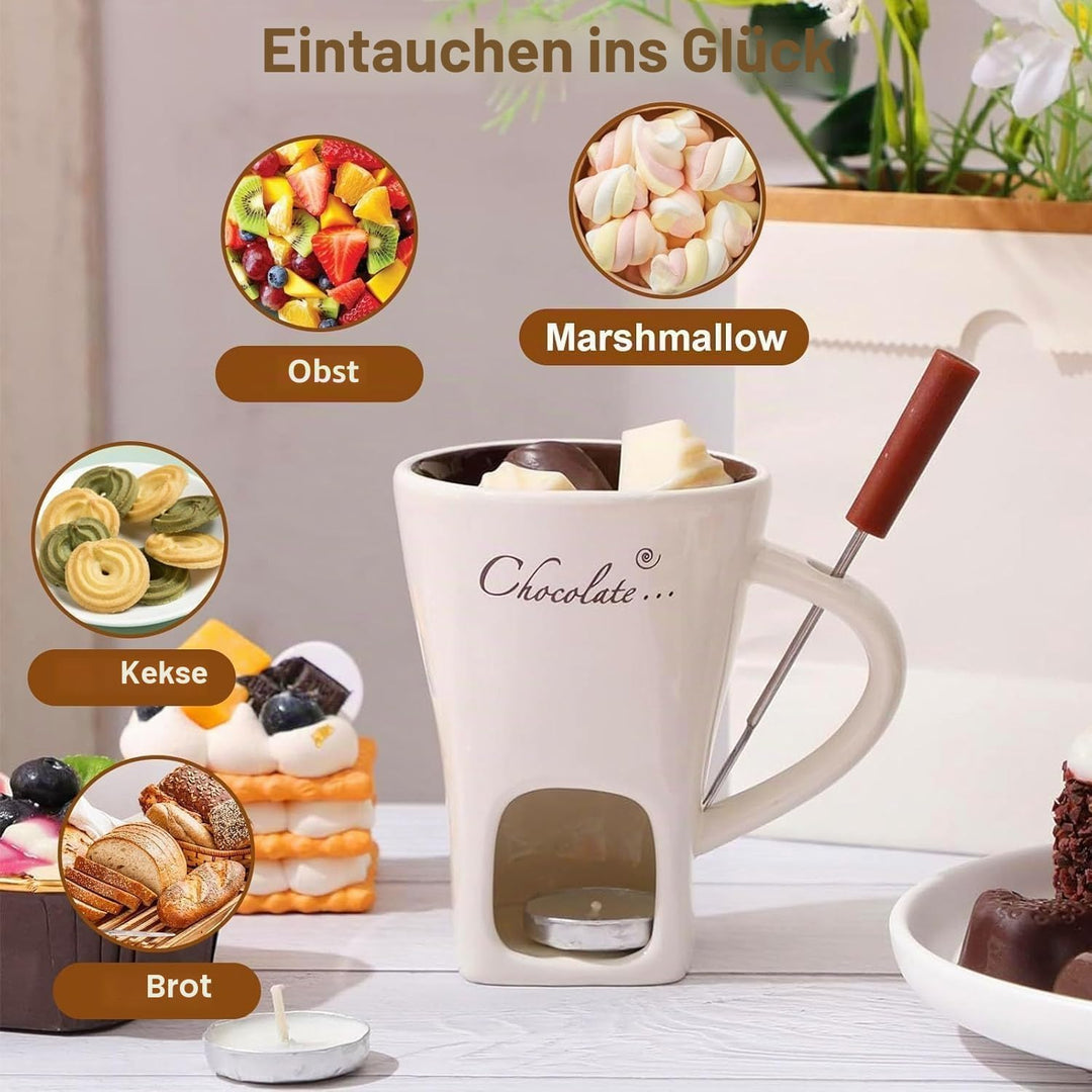 magimagi Schokoladen Fondue Tasse, Schokoladen Hot Pot Schmelzbecher mit Gabel,Keramik Schokoladen B