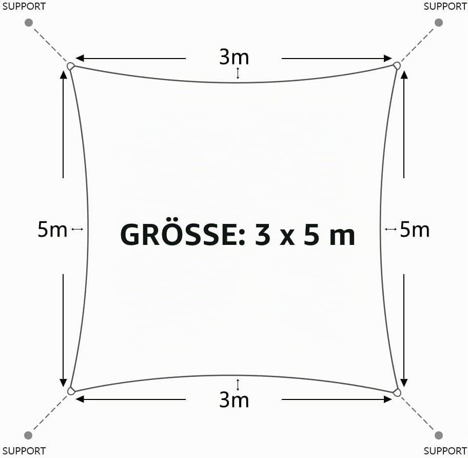 Dripex Sonnensegel wasserdicht Sonnenschutz Set 3X5 m inkl Befestigungsseile Rechteckig Polyester Im