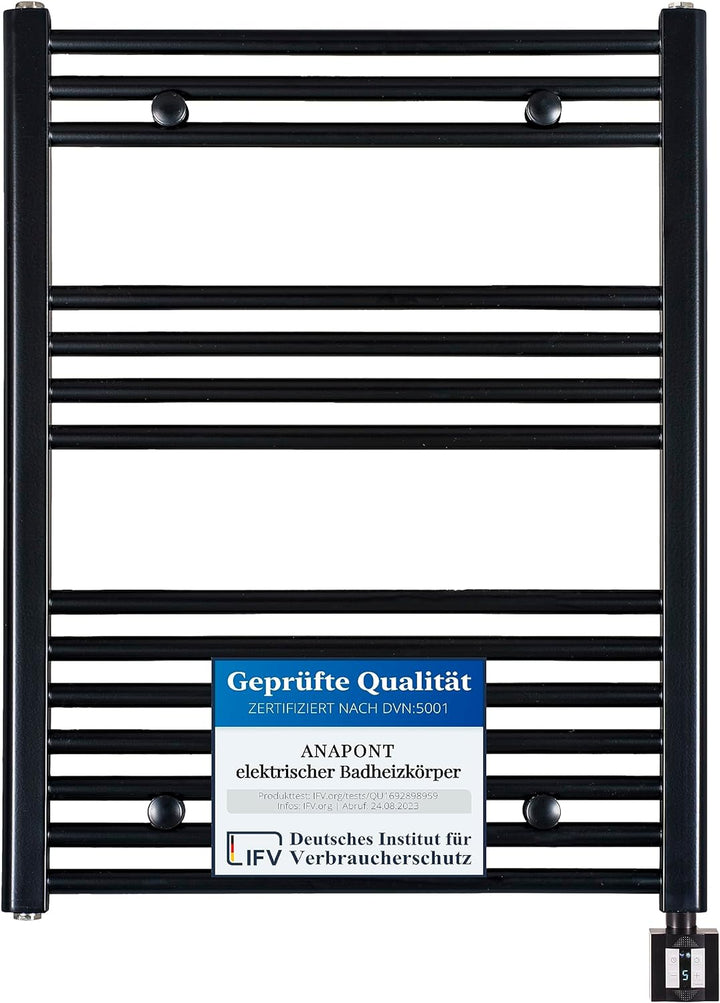 anapont elektrischer Badheizkörper 775hx600b - schwarz - mit Timer-Funktion - Handtuchheizkörper - B