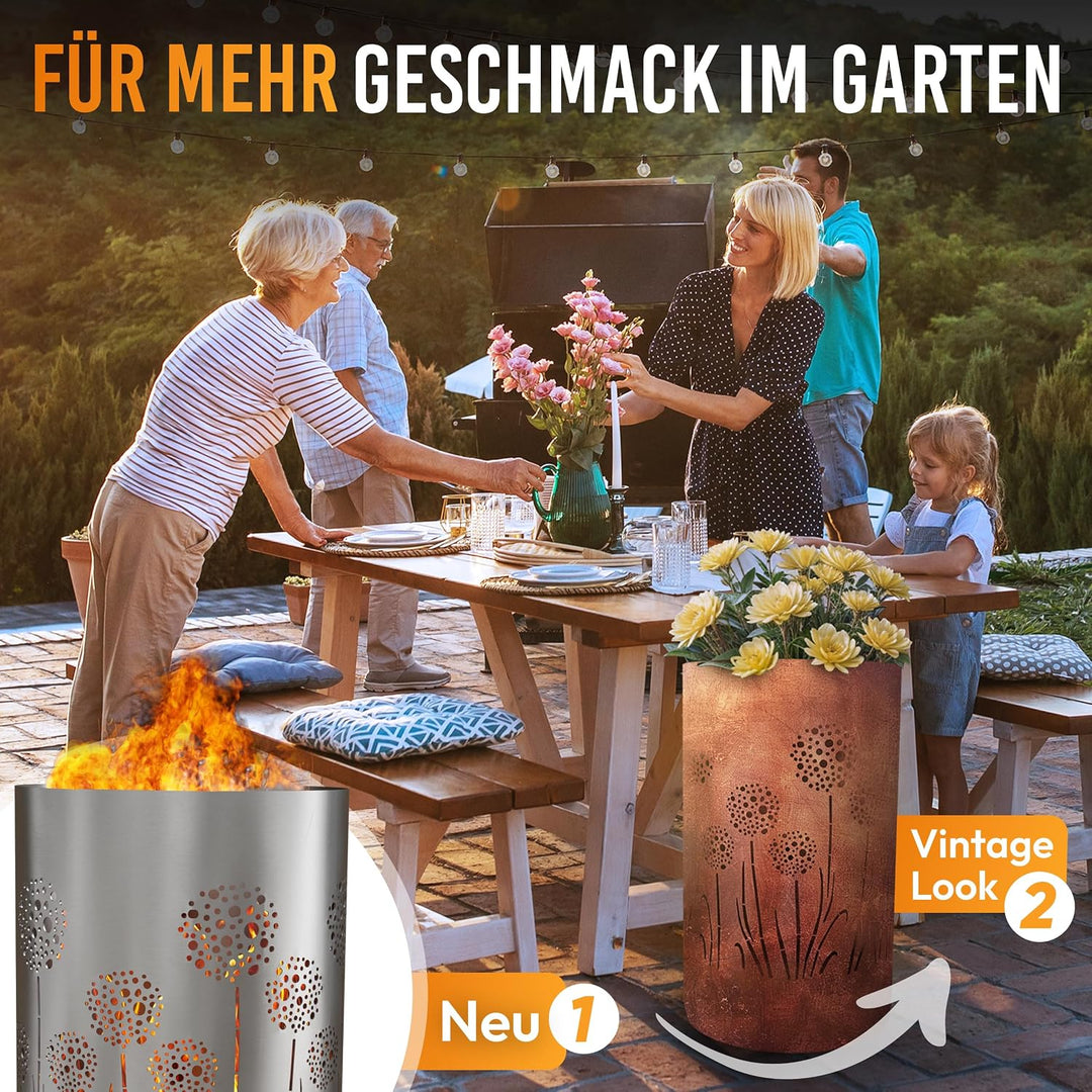 TiKo-Design Feuertonne Feuerkorb mit Motiv – Lagerfeuertonne mit Pusteblumen Motiv – Perfekt für gem