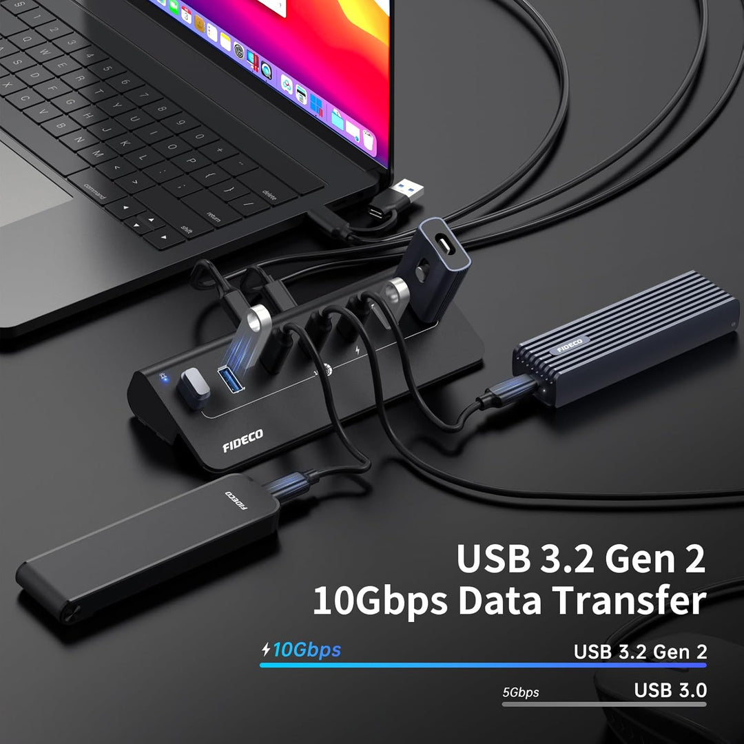FIDECO USB Hub mit Netzteil, 7 Port USB 3.2 Gen 2, 10Gbit/s Schneller Datenhub, Vollaluminium-Verlän