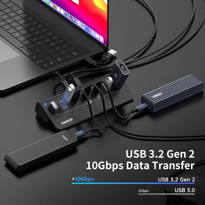 FIDECO USB Hub mit Netzteil, 7 Port USB 3.2 Gen 2, 10Gbit/s Schneller Datenhub, Vollaluminium-Verlän