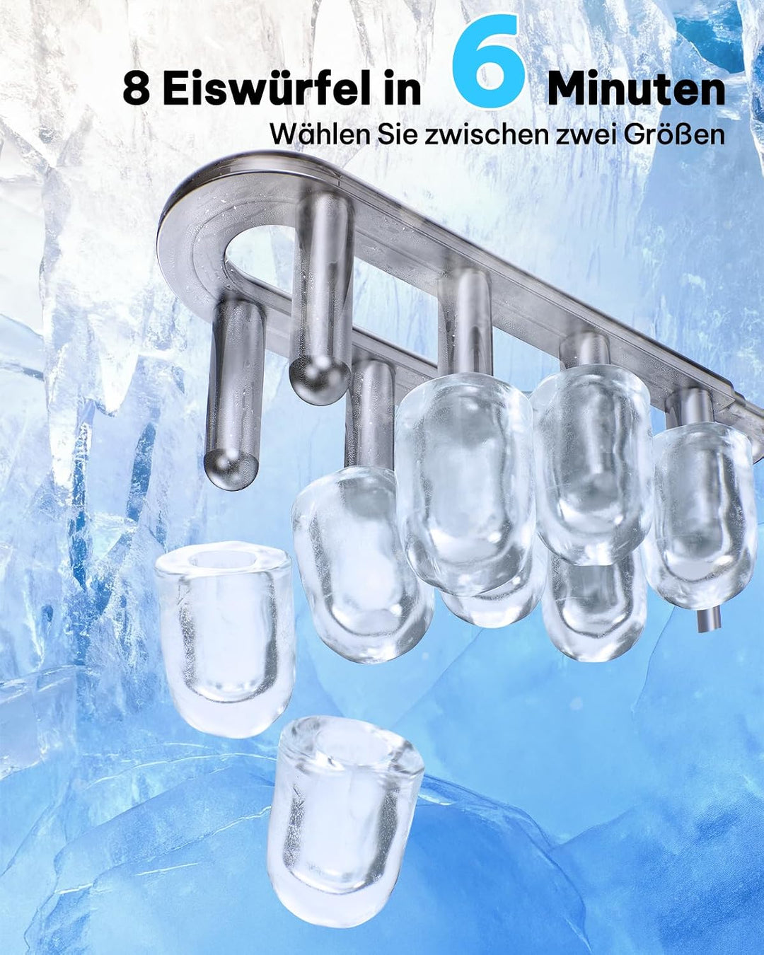 Silonn Eiswürfelmaschine Klein, 8 Eiswürfel in 6 Min, 12 kg/24H, 2 Bullet-Eisgrössen, Tragbare Selbs