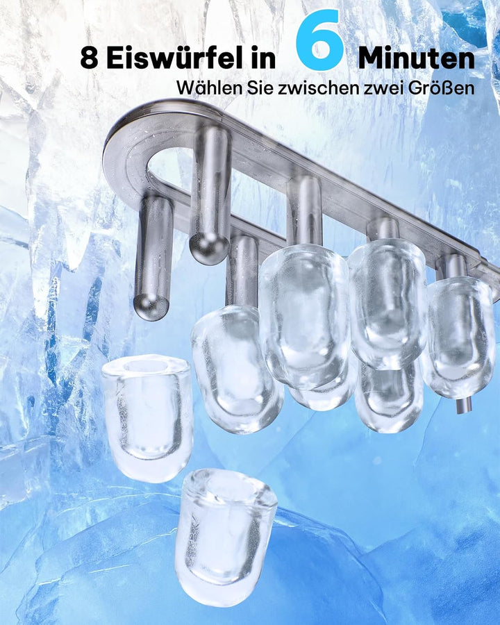 Silonn Eiswürfelmaschine Klein, 8 Eiswürfel in 6 Min, 12 kg/24H, 2 Bullet-Eisgrössen, Tragbare Selbs
