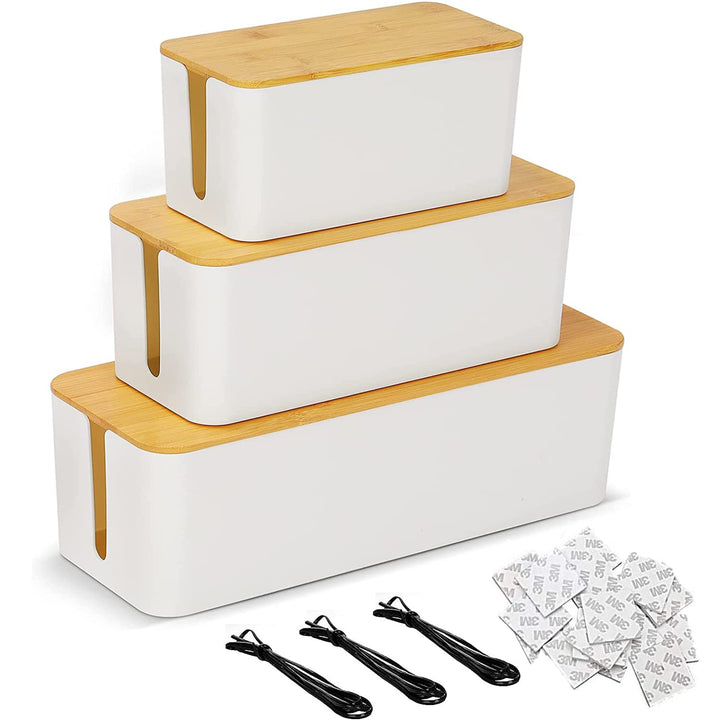 SENENQU 3er-Set Kabelbox Weiss, Grosse Kabel Organizer Box mit Holzdeckel für Kabel, Grosse und Klei