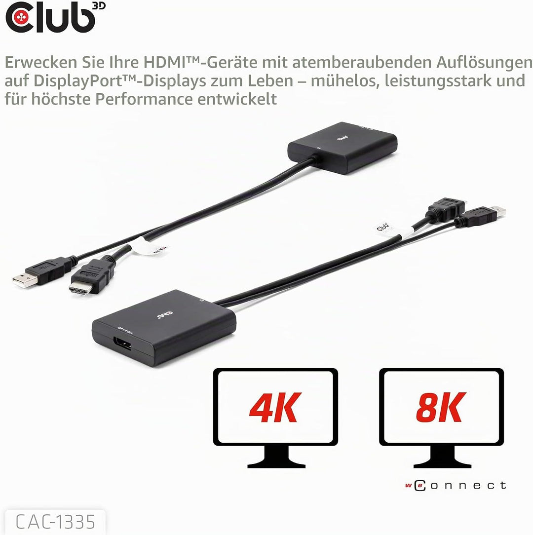 Club 3D CAC-1335 HDMI+ Micro USB auf DisplayPort 4K120Hz oder 8K30Hz St/B Aktiver Adapter, CAC-1335