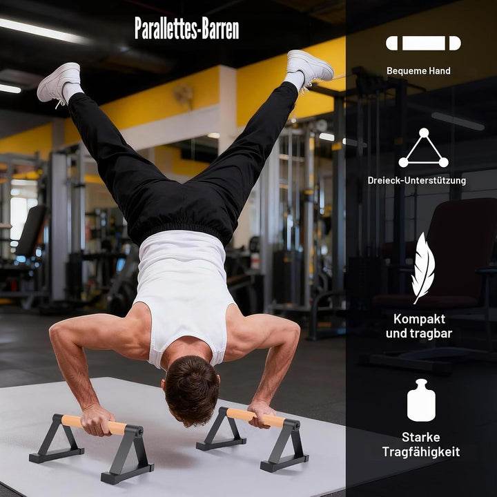 Parallettes Stäbe，Massivholz mit stabilem Metall Dreieck Halterung Push up Bars，Anti-Rutsch Handstan