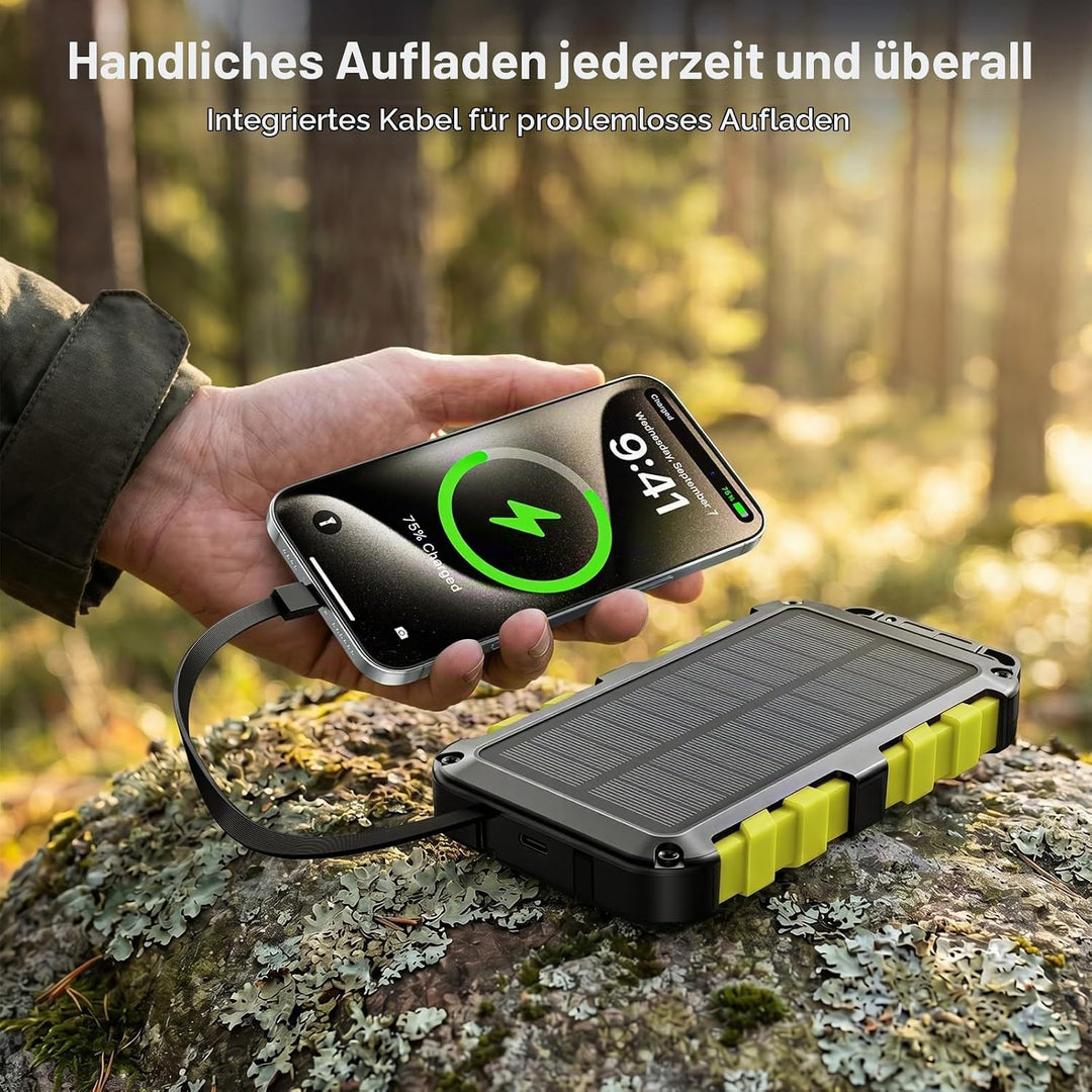 Solar Powerbank 10000mAh PD 22,5W Schnellladung IPX6 Wasserdicht, 3 Ausgangsports, LED-Leuchte mit 3