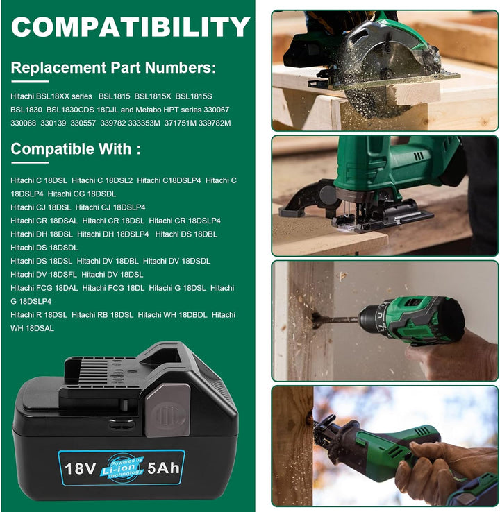 LabTEC 2 Packs BSL1830 Batterie für Hitachi, 18V 5000mAh Lithium Akku für Hitachi BSL1815 BSL 1815X