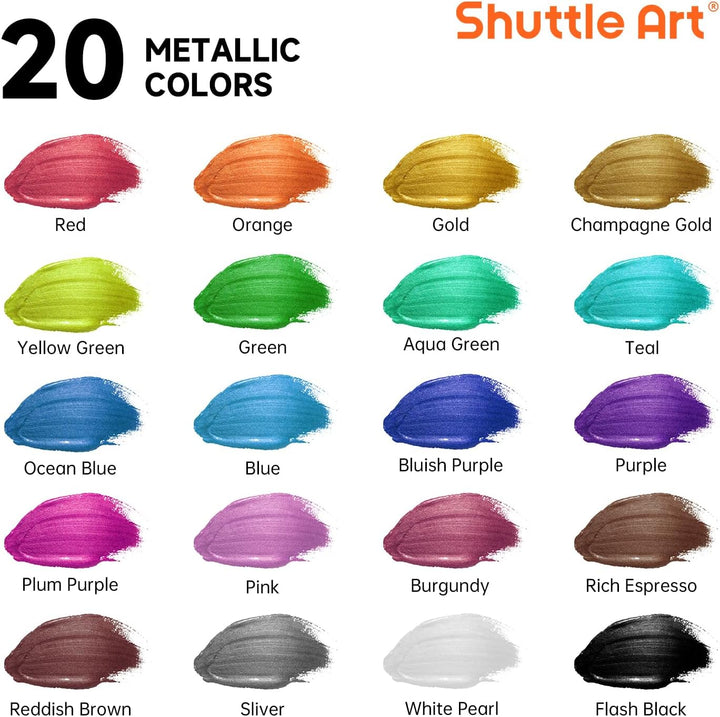 Shuttle Art Metallic Acrylfarben Set, 20 bunte Metallic Acryl Farben in Flaschen (60 ml), 3 Pinselse