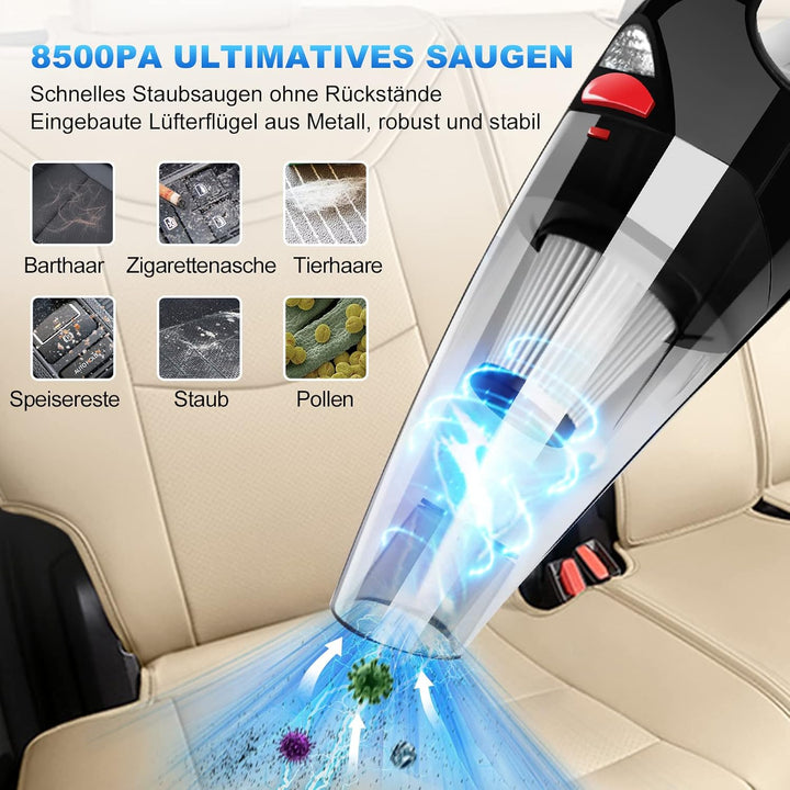 RIKIN Handstaubsauger Auto Staubsauger Kabellos 8500PA 120W mit LED-Licht Leistungsstark Drahtloser