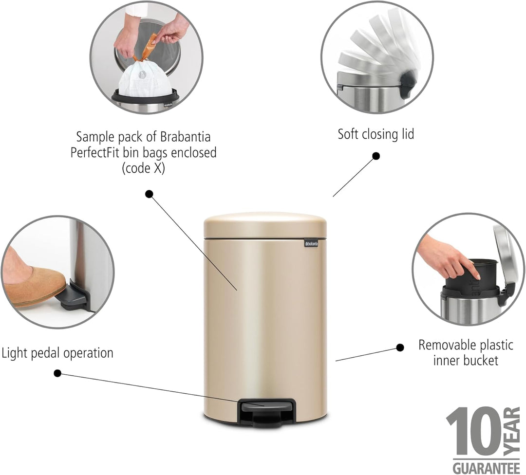 Brabantia Mülleimer, Stahl, Metallic Gold, 12L 12 Liter Champagne, 12 Liter Champagne