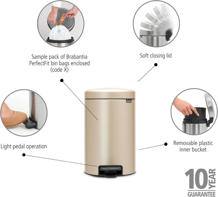 Brabantia Mülleimer, Stahl, Metallic Gold, 12L 12 Liter Champagne, 12 Liter Champagne