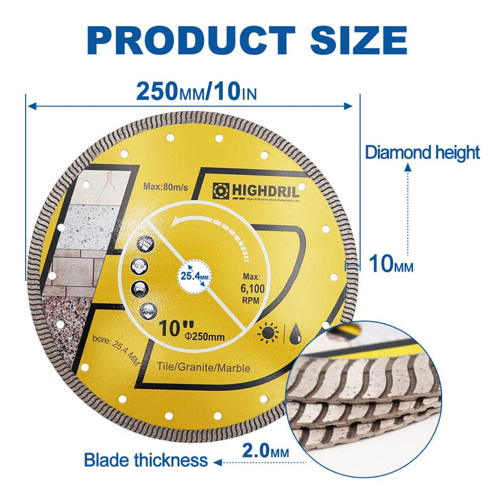 HIGHDRIL Diamant Trennscheibe 250mm Super Dünne Schneiden für Beton,Granit,Naturstein,Ziegel,Trocken